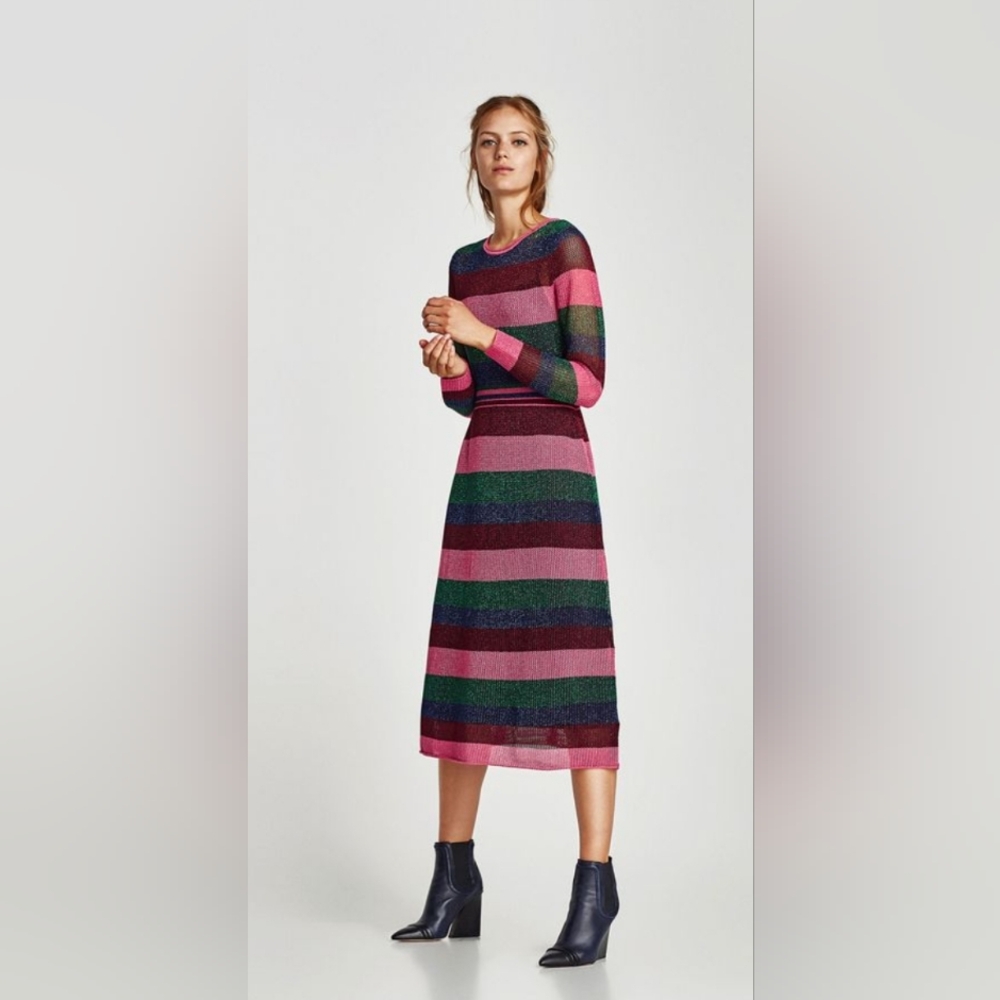 Striped Multicolor Crochet Knit Dress Small